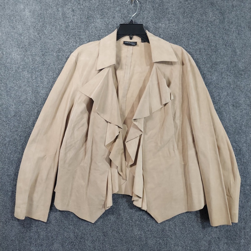 Ideology Jacket Women 1X Tan Ruffle Front 100% Leather Suede Open Front Blazer